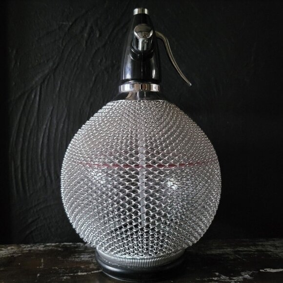 Vintage Mid Century Glass and Chain Metal Syphon Round Glass Seltzer Bottle, Vin - Picture 3 of 9